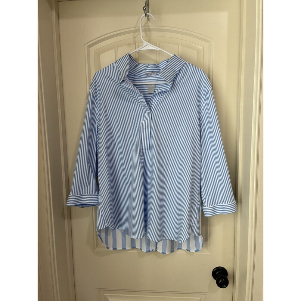 Chico's No-Iron Chic Stretch Blue White Stripe Shirt Women's Sz 3 16